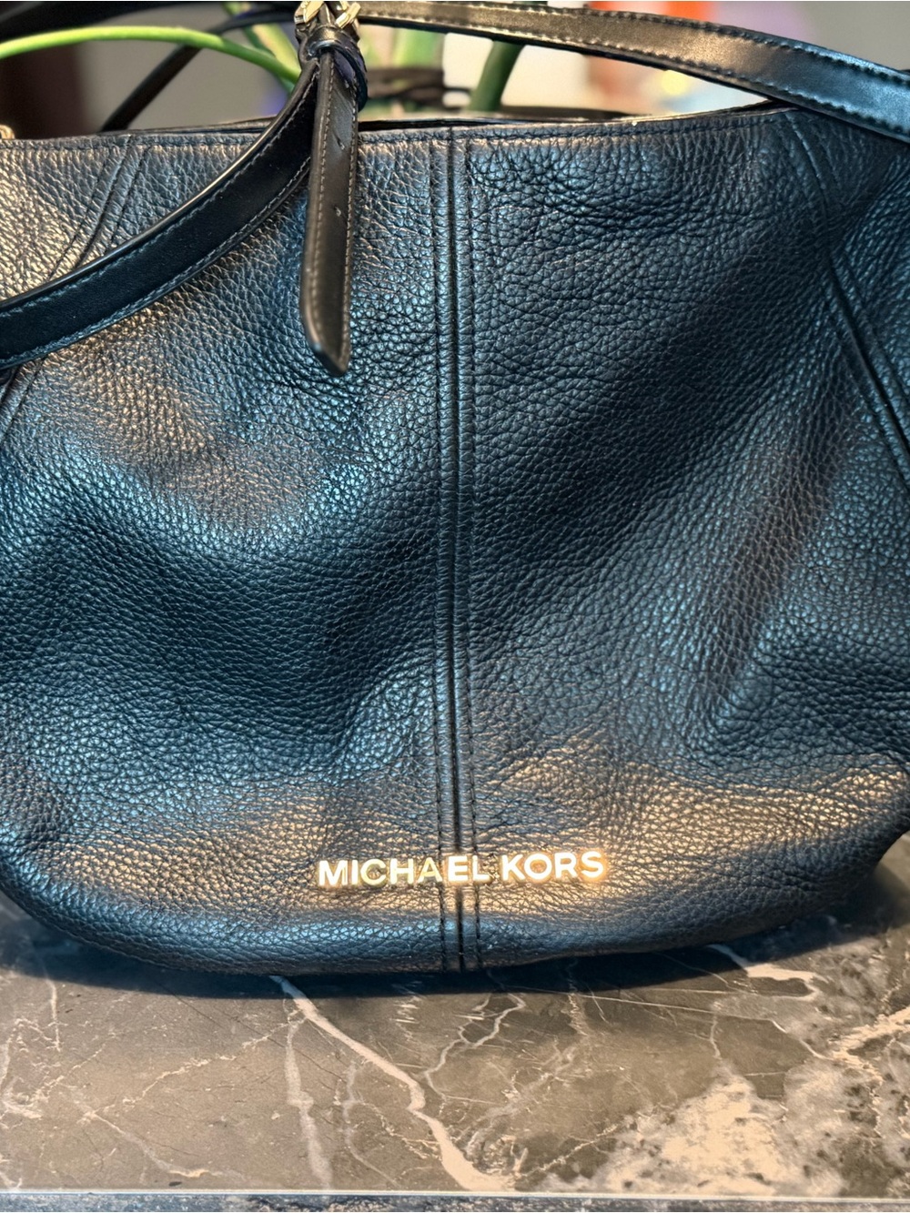 Michael Kors Black Pebbled Leather Shoulder Bag with Gold Logo